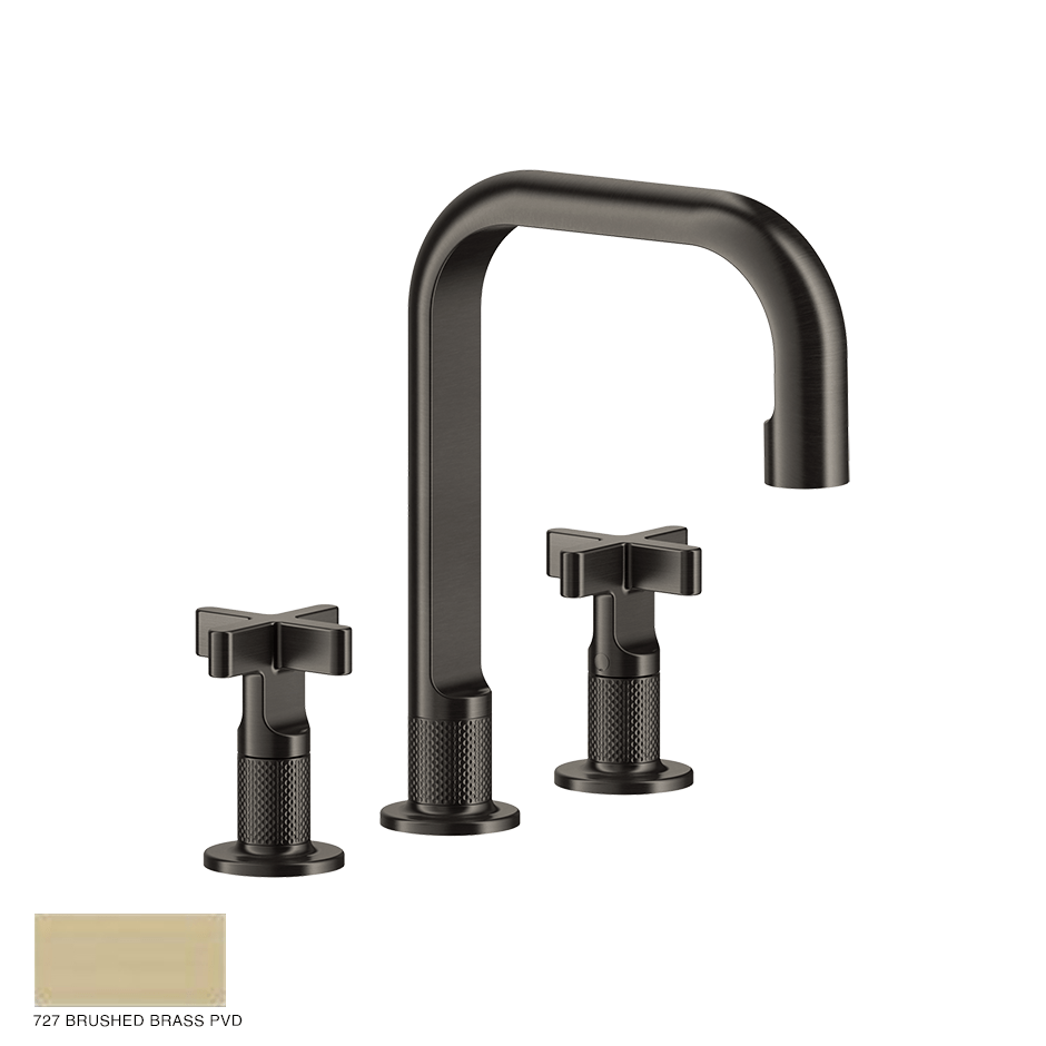 Inciso+ Three-hole Basin Mixer with spout and pop-up waste 727 Brushed Brass PVD